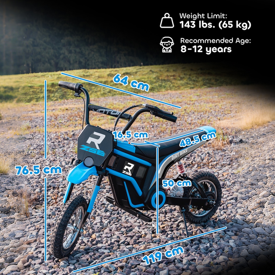 image 1 of HOMCOM 24V Kids Electric Motorbike with Twist Grip Throttle, Music, Horn, 12 Pneumatic Tyres, Max Speed 16kmithh, for Ages 8-12 Years - Blue
