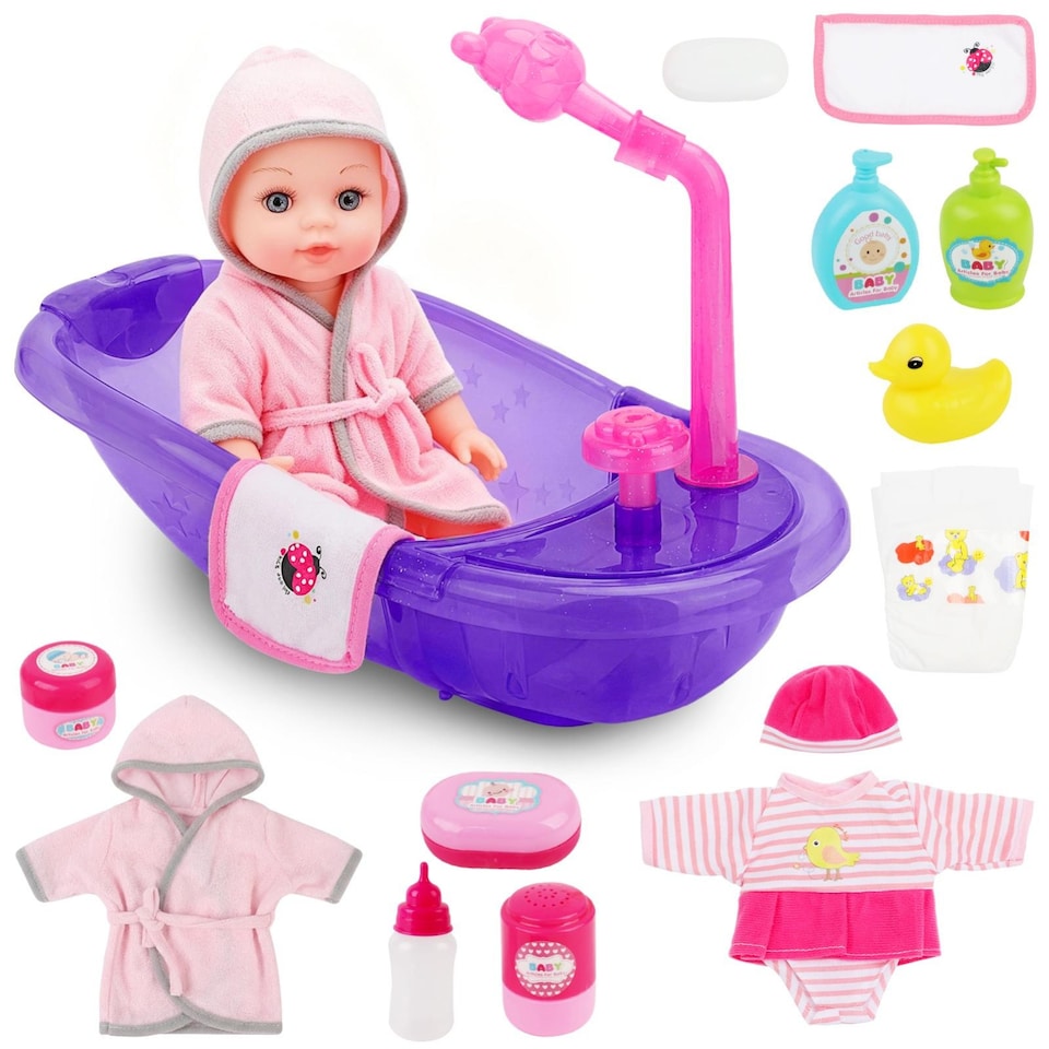 image 1 of Baby Doll Bath Set with Real Working Bathtub & Shower Spray – 12" Baby Doll, Bath Accessories & Pretend Play Set for Kids Ages 3+