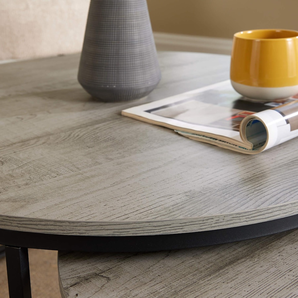 image 1 of Nest of 2 Grey Tables Round Stackable Side Unit Industrial Living Room Furniture