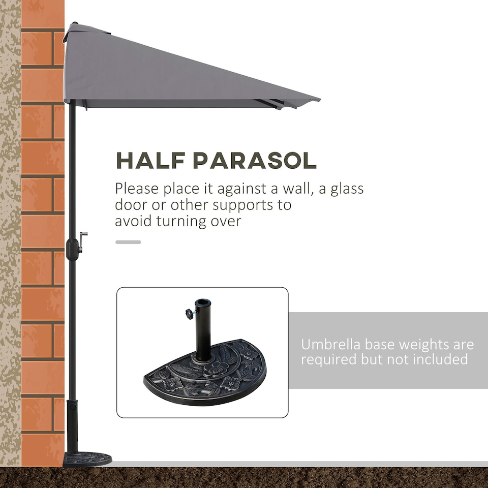 image 1 of Outsunny 2.3m Garden Balcony Half Round Umbrella Metal Parasol Umbrella Grey