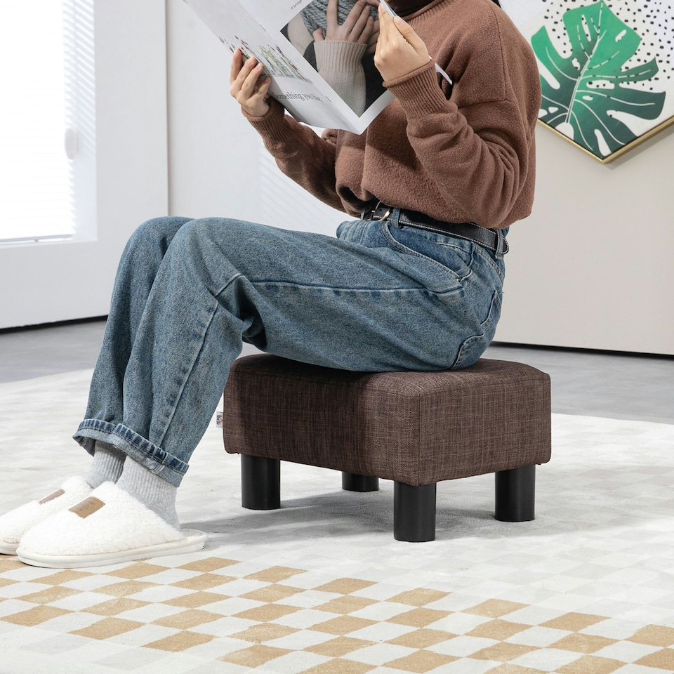 image 1 of HOMCOM Chic Linen Fabric Footstool Ottoman Cube with 4 Plastic Legs Brown