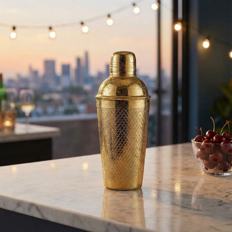 image 1 of Gold Metal Barware Set Cocktail Shaker Ice Bucket Wine Cooler Tongs Double Wall | Gold | Cocktail Shaker Set