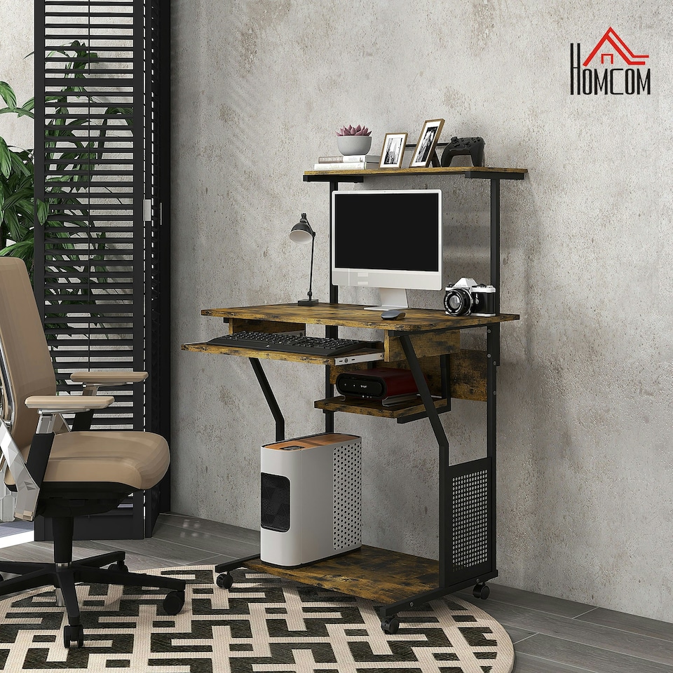 image 1 of HOMCOM Rolling Computer Desk with Keyboard Tray Storage Shelves Rustic Brown