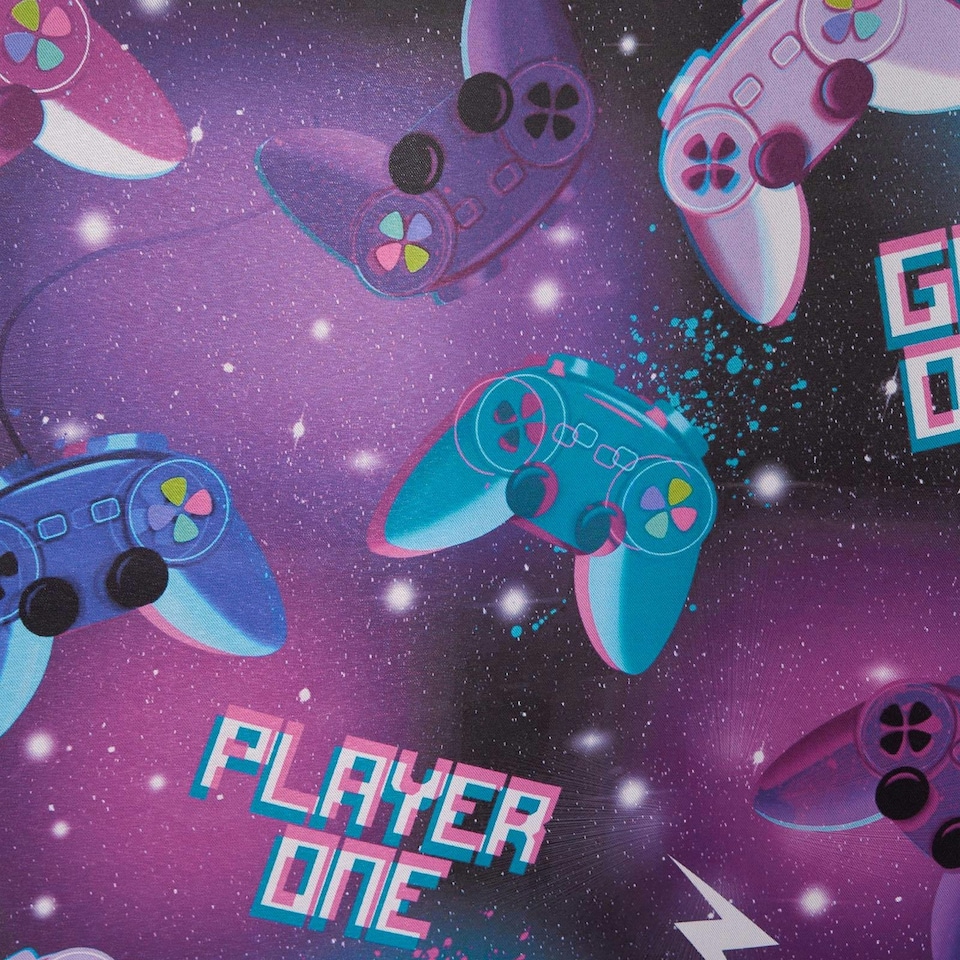 image 1 of OHS Kids Gaming Blackout Eyelet Curtains Ring Top Ready Made Panel Pair, 46x72" Purple | Neon Purple