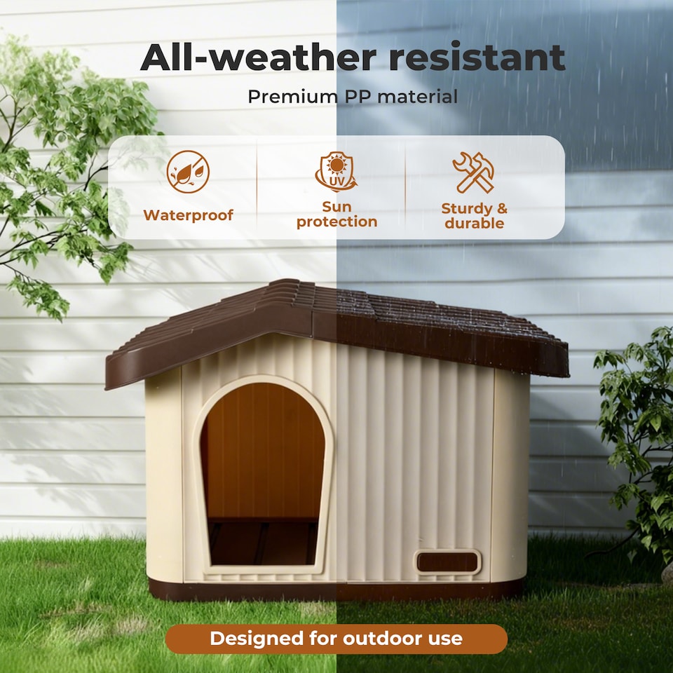 image 1 of Skylos Plastic Dog House Pet Kennel Shelter for Small Medium Dogs Indoor Outdoor | Brown | S