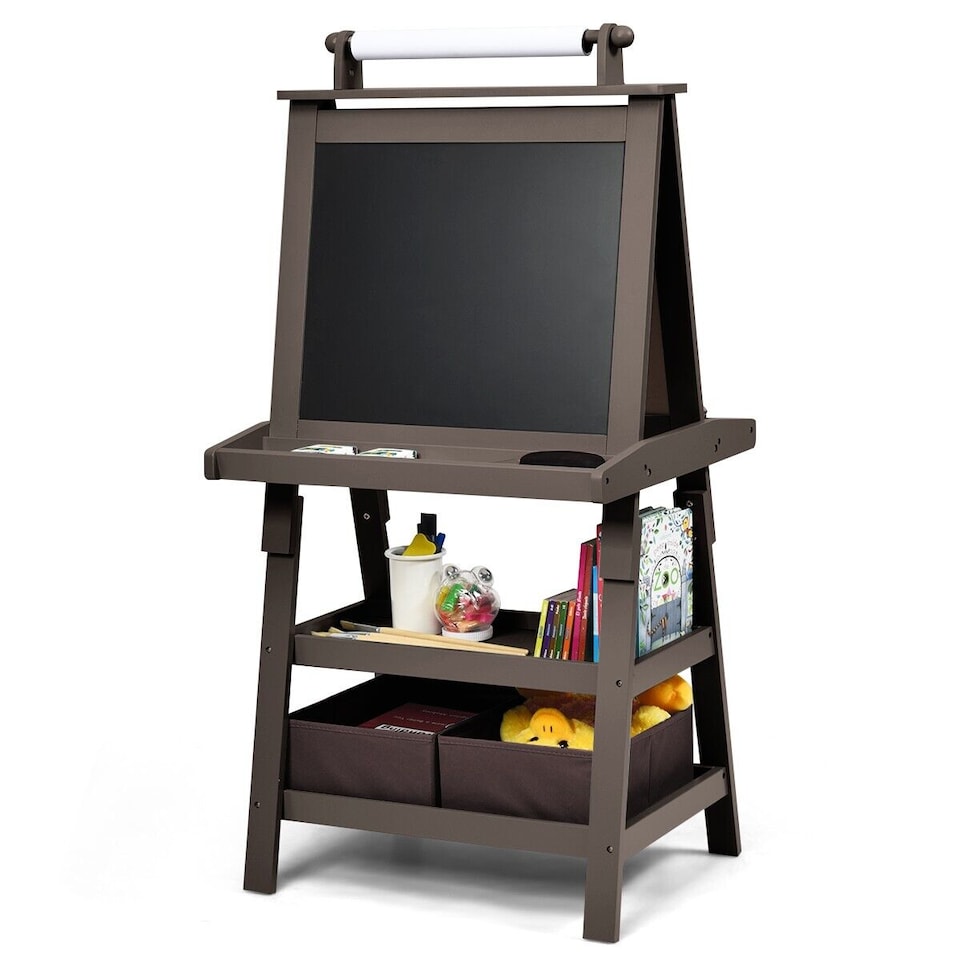 image 1 of COSTWAY 3 in 1 Kids Art Easel Double-Sided Blackboard Magnetic Whiteboard W/ Paper Roll