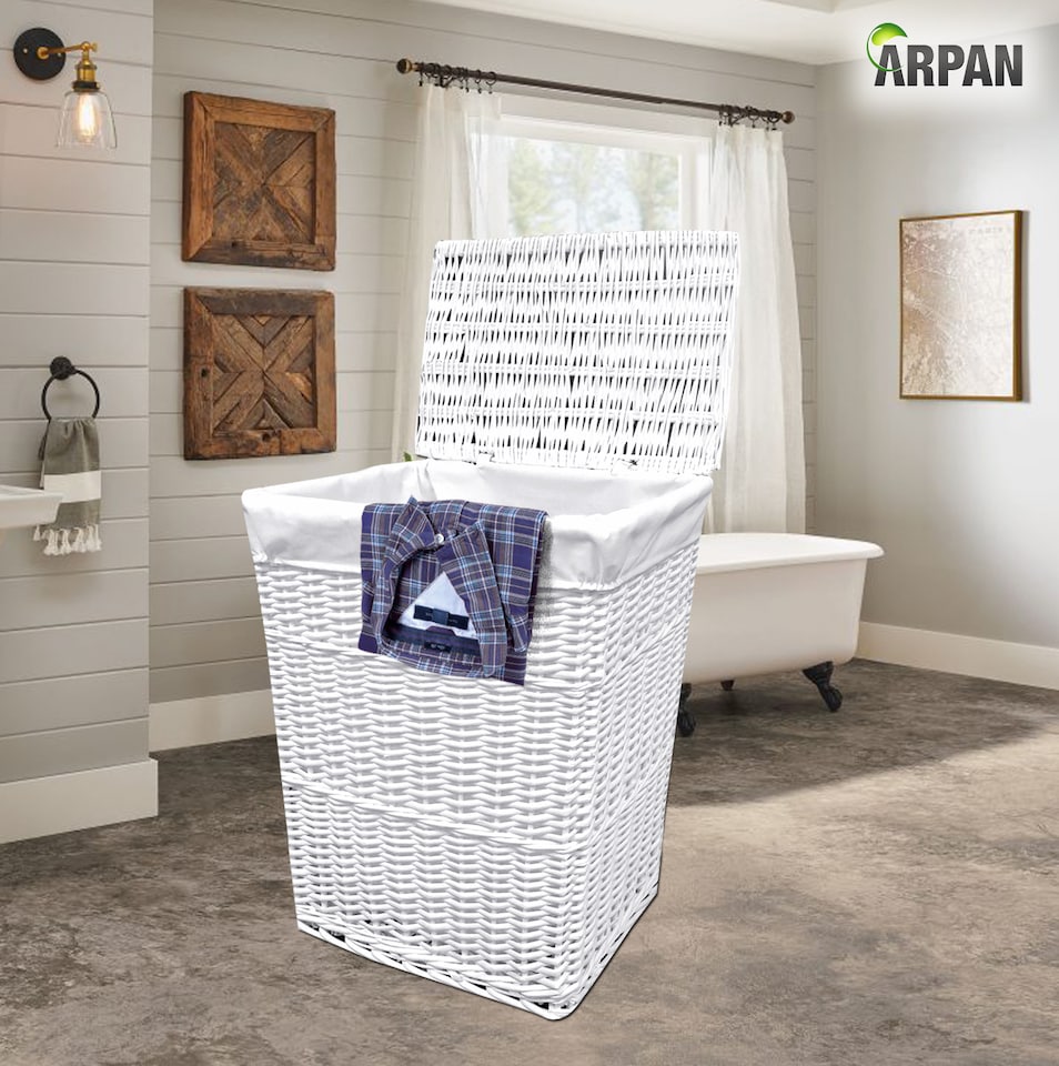 image 1 of ARPAN White Wicker Laundry Basket with Lid & Removable Washable Liner, Natural Woven Clothes Washing Hamper, Laundry Storage Basket for Bedroom, Bathroom & Utility Room