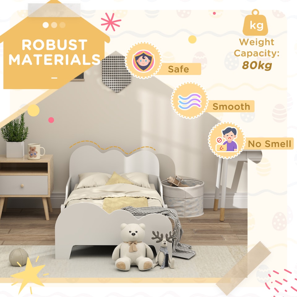 image 1 of AIYAPLAY Cloud-Themed Toddler Bed with Safety Rails, 143.5 x 74.5 x 56cm