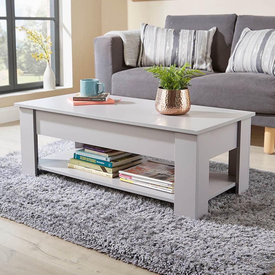 image 1 of Wooden Coffee Table With Lift Up Top Storage Area and Magazine Shelf | Grey