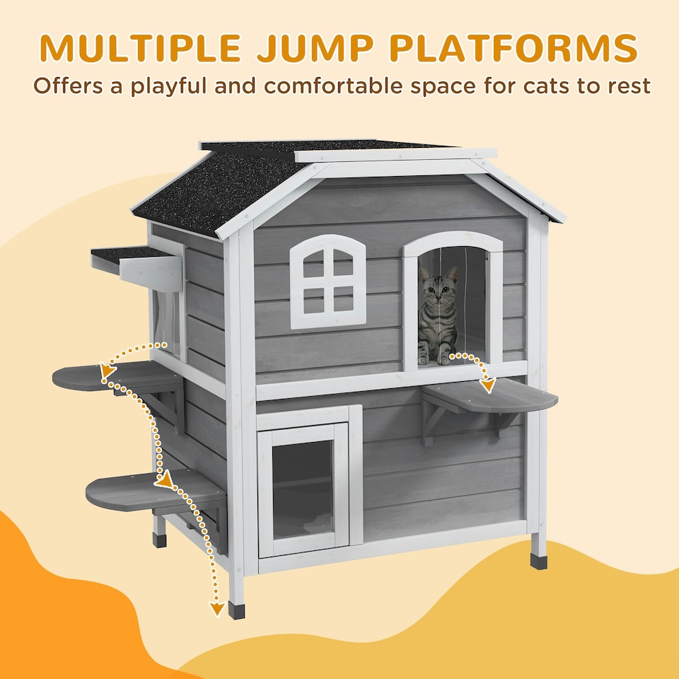 image 1 of PawHut Wooden Cat House Cat Cave Pet Shelter Condos Outdoor Grey