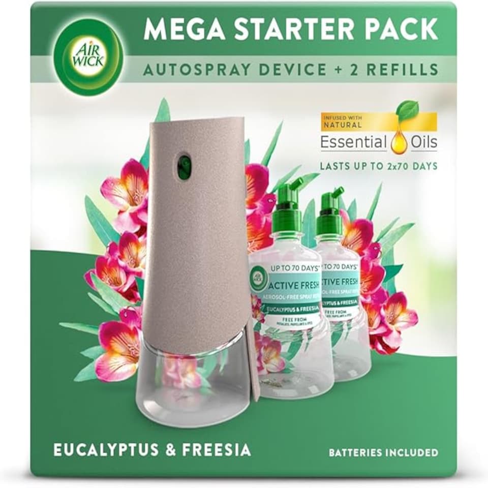 Air Wick Automatic Air Freshener Spray Odour Neutraliser Gadget & 2 Refills Eucalyptus & Freesia