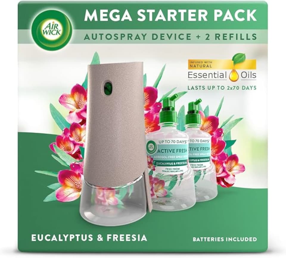 Air Wick Automatic Air Freshener Spray Odour Neutraliser Gadget & 2 Refills Eucalyptus & Freesia