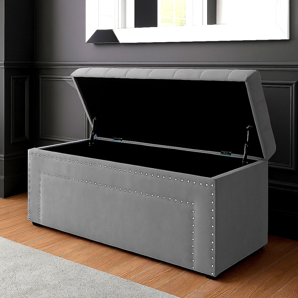 image 1 of 90cm Duke Ottoman Storage Box -Upholstered Blanket Box - Grey Plush Velvet Multifunctional Storage Box