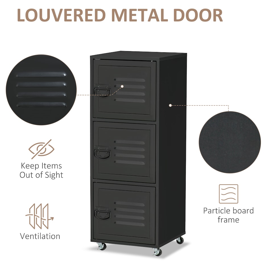 image 1 of HOMCOM Rolling Storage Cabinet 3-Tier Mobile File Cabinet with Wheels & Metal Doors for Home Office, Living Room, Black
