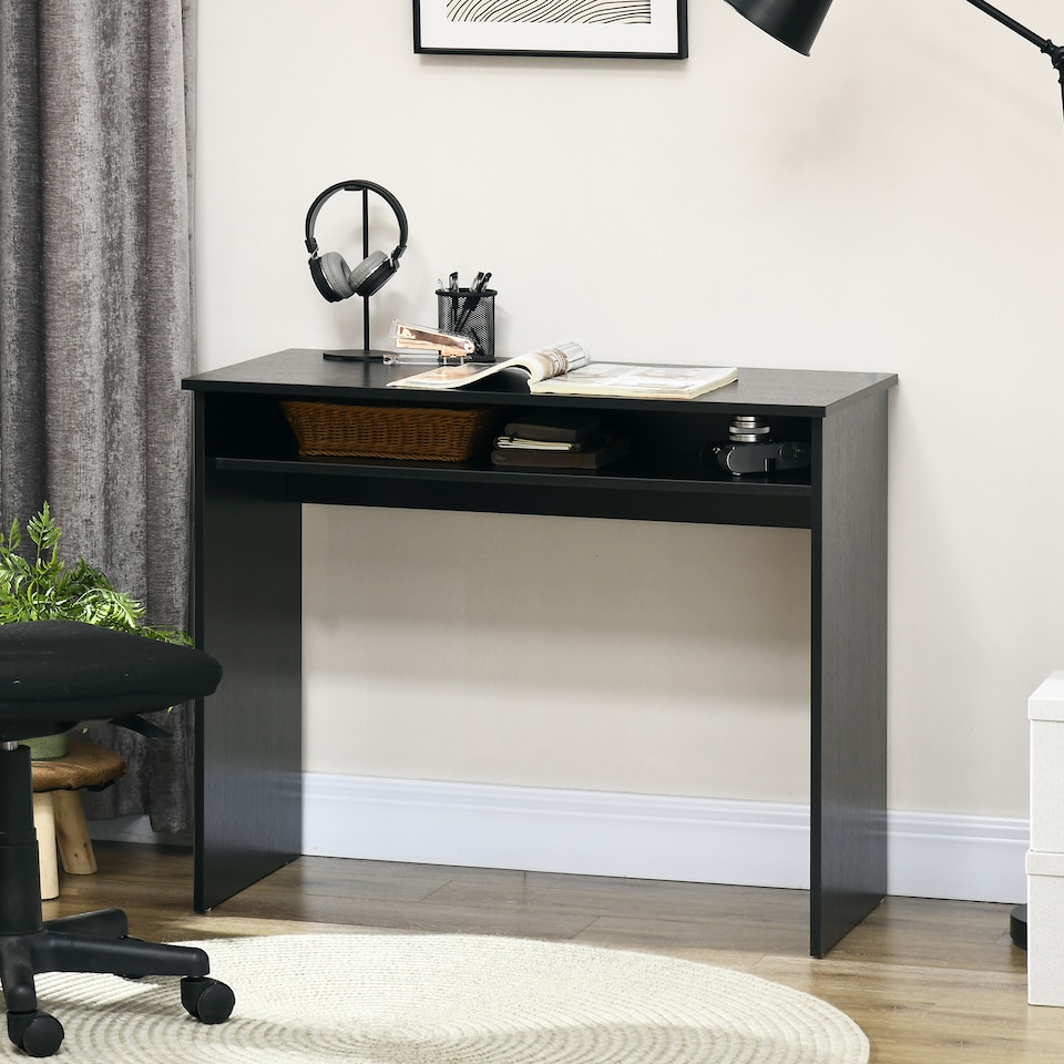 image 1 of HOMCOM Modern Computer Desk, Home Office Table, Small Writing Desk with Storage Shelf, 90 x 50cm, Black Wood Grain