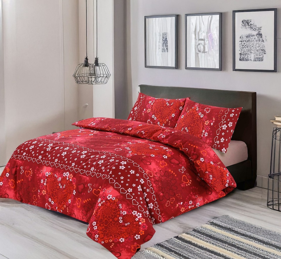 image 1 of Duvet Cover And Pillowcase Set Plum Red Teal Love Heart Design Polycotton Bed Linen Red | Red | Single