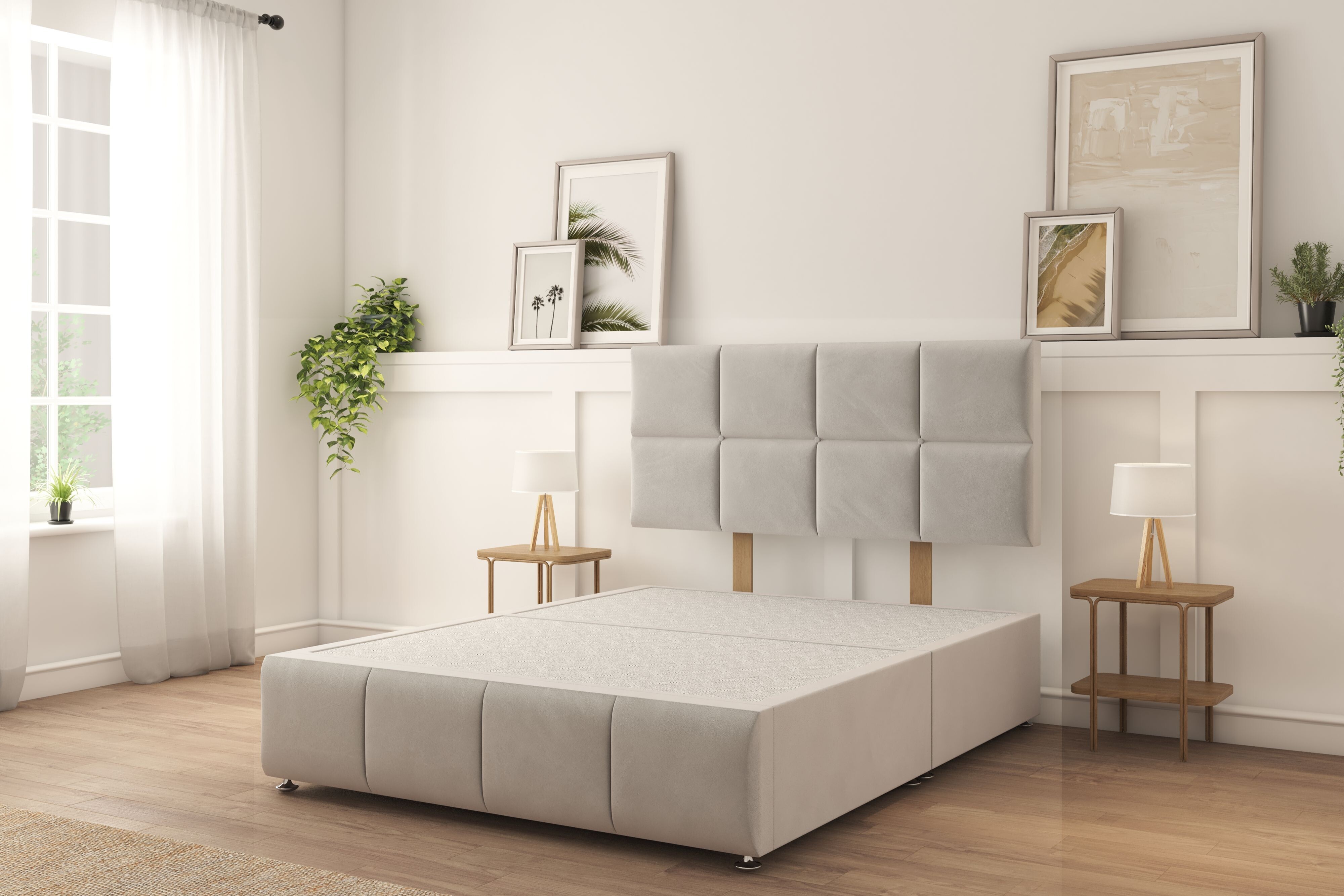 Sloomy Sterling Silver Plush Divan Bed Base No Drawers With 26" Strutted Headboard & 12" Footboard 6' Super King