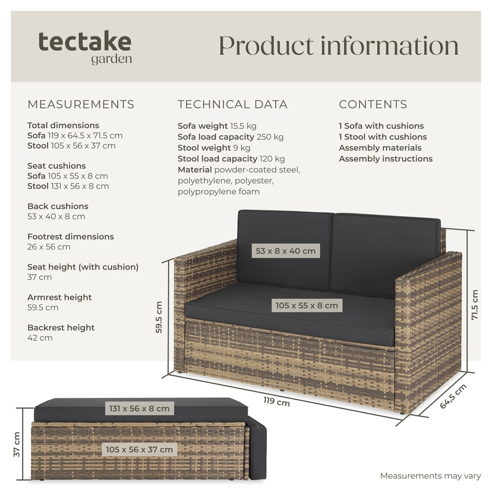 image 1 of Garden Sofa Corfu - 2 seater sofa, stool sun lounger, thick cushions | Cream | nature | 119 x 64,50 x 71,50 cm | 1