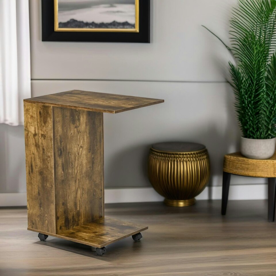 image 1 of Industrial Brown C Shaped Side Table With Storage & Wheels Brown