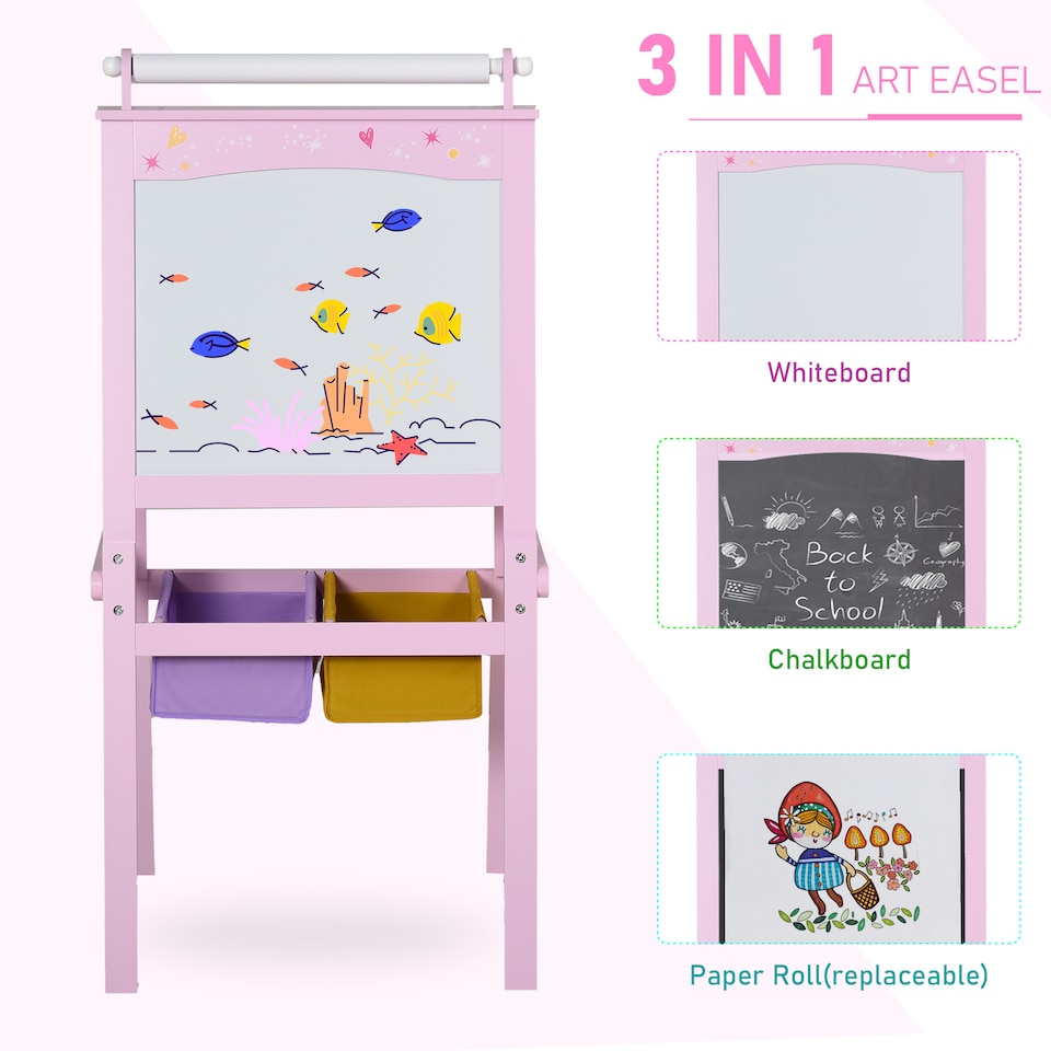 image 1 of HOMCOM Kids Wooden Art Easel with Paper Roll Double-Sided Chalkboard, Whiteboard | Pink | Pink