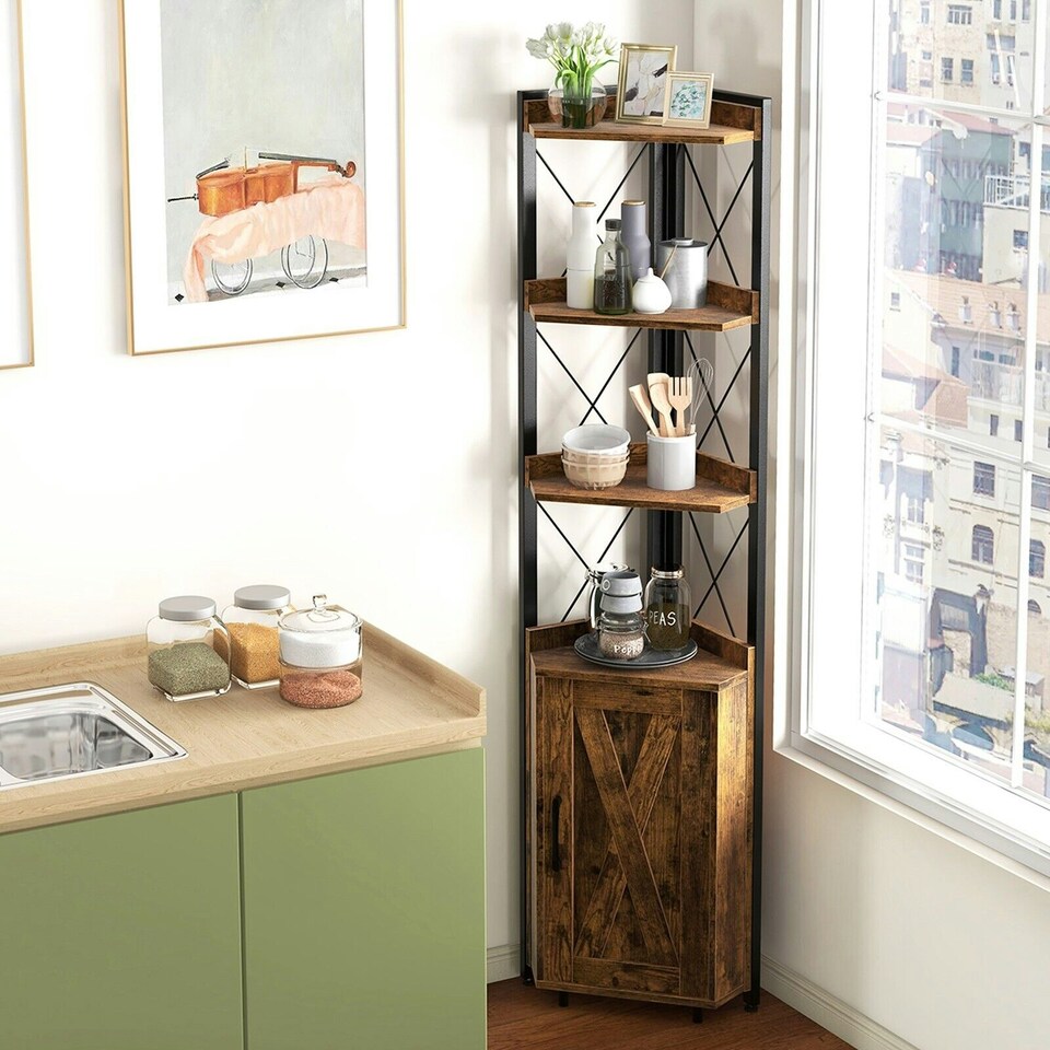 image 1 of COSTWAY 6-Tier Corner Bookcase Adjustable Shelf Brown Brown