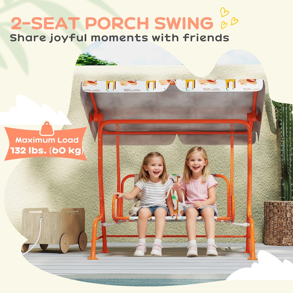 image 1 of AIYAPLAY Kids Porch Swing with Seat Belts, Adjustable Canopy, Orange