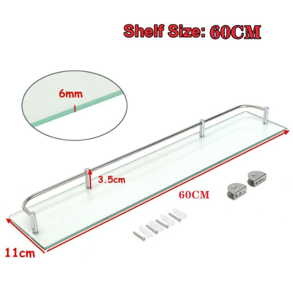 image 1 of Living and Home Bathroom Tempered Glass Shelf Wall Mounted - 60cm