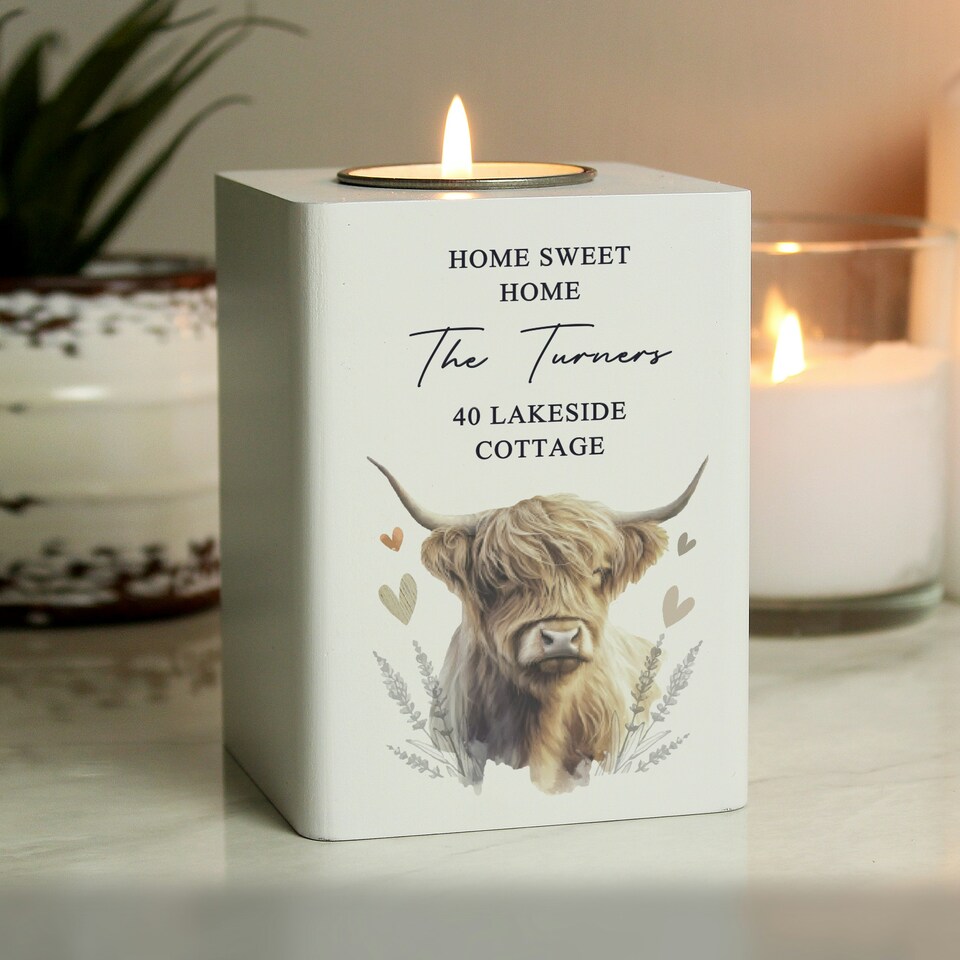 image 1 of Personalised Highland Cow Wooden Tealight Holder Brown
