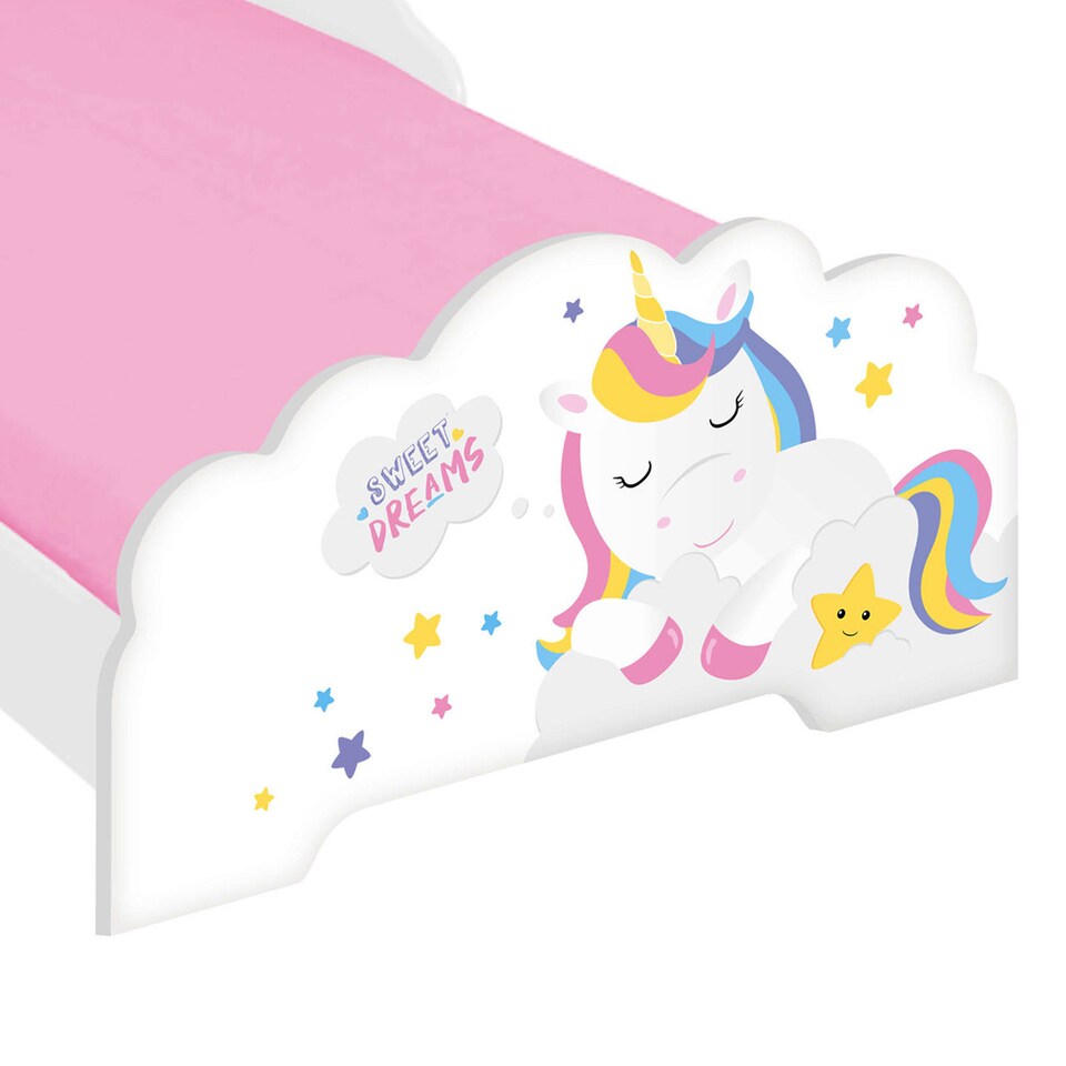 image 1 of Unicorn Themed Wooden Bed Frame w/ Guardrails - 70x140cm | Multi | Unicorn | 1