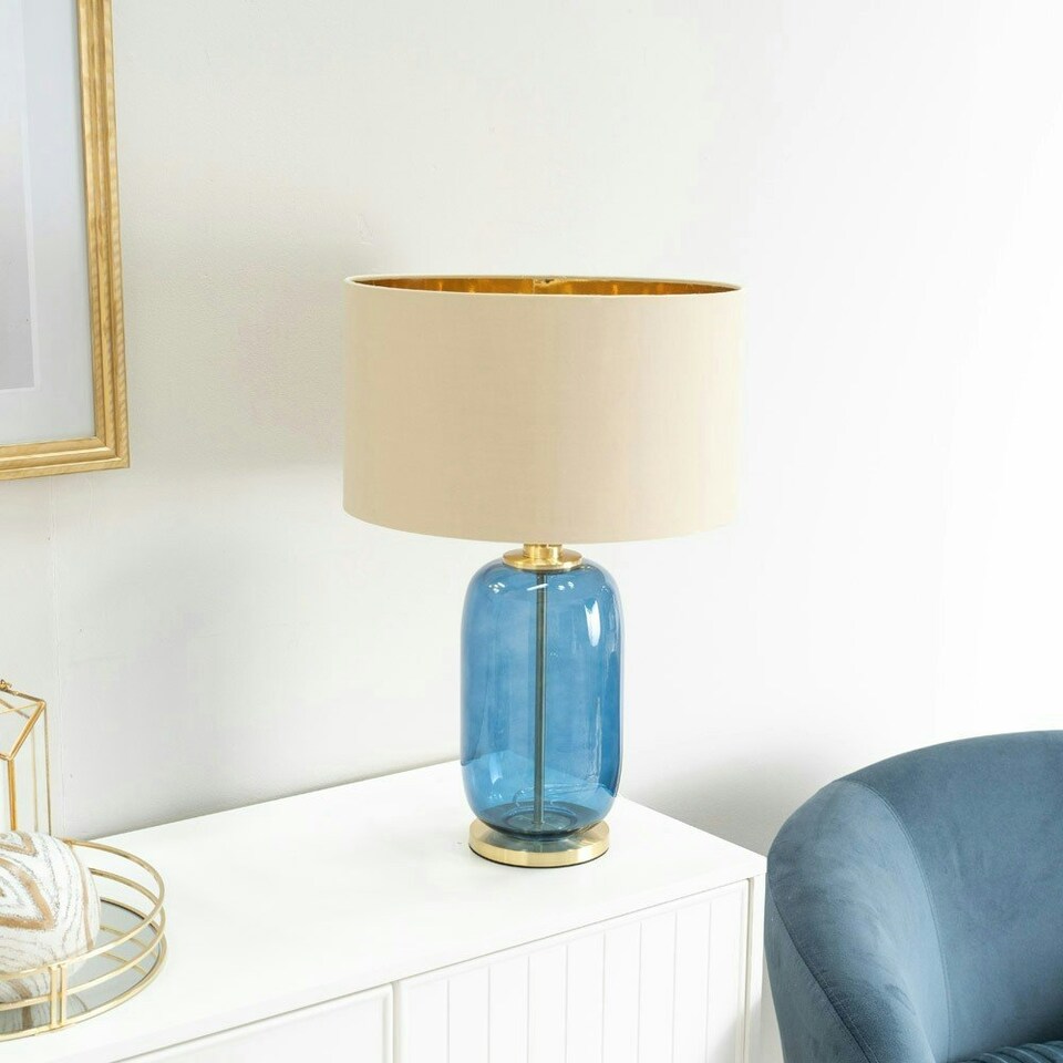image 1 of ValueLights Leigh Navy Blue Glass and Gold Detail Table Lamp with Beige/Gold Shade