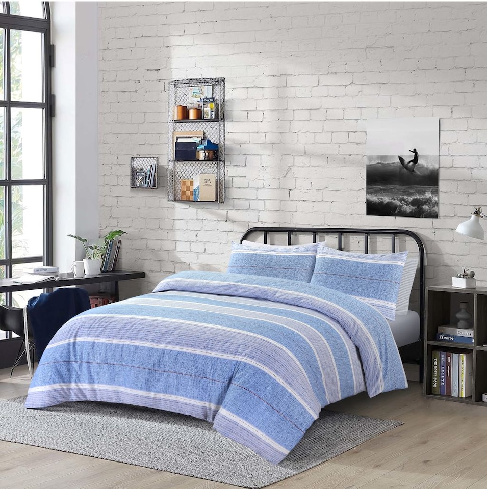image 1 of Homes Linen Finn Stripe Duvet Cover Set with Pillowcases Reversible Striped Quilt Cover Soft Breathable Easy Care Bedding | Blue | Single