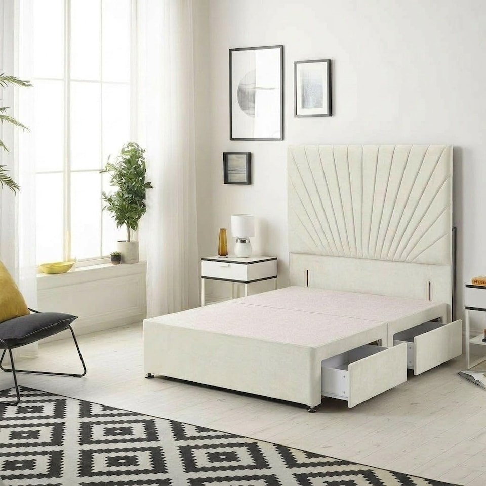 image 1 of Sunburst Divan Bed with 4 Drawers & 54'' Floor Standing Headboard Plush Velvet | Cream | Ivory