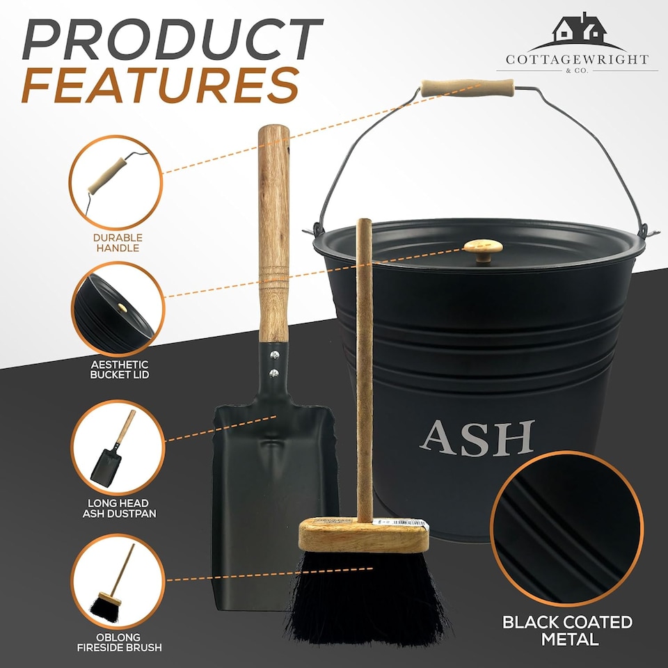 image 1 of Metal Ash Bucket with Lid and Fireside Companion Set Coal Shovel and Brush Kit
