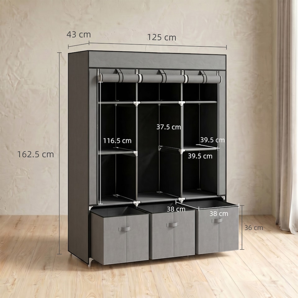 image 1 of HOMCOM Large Fabric Wardrobe Closet 2 Rails, 5 Shelves 3 Drawers, Dark Grey