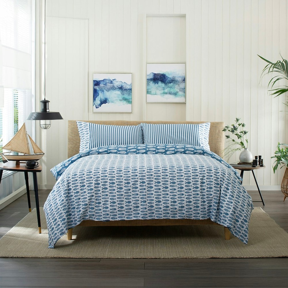 image 1 of Small Fish 100% Cotton Duvet Cover Set – Nautical Navy & White Design with Piped Edges White | Blue | Single