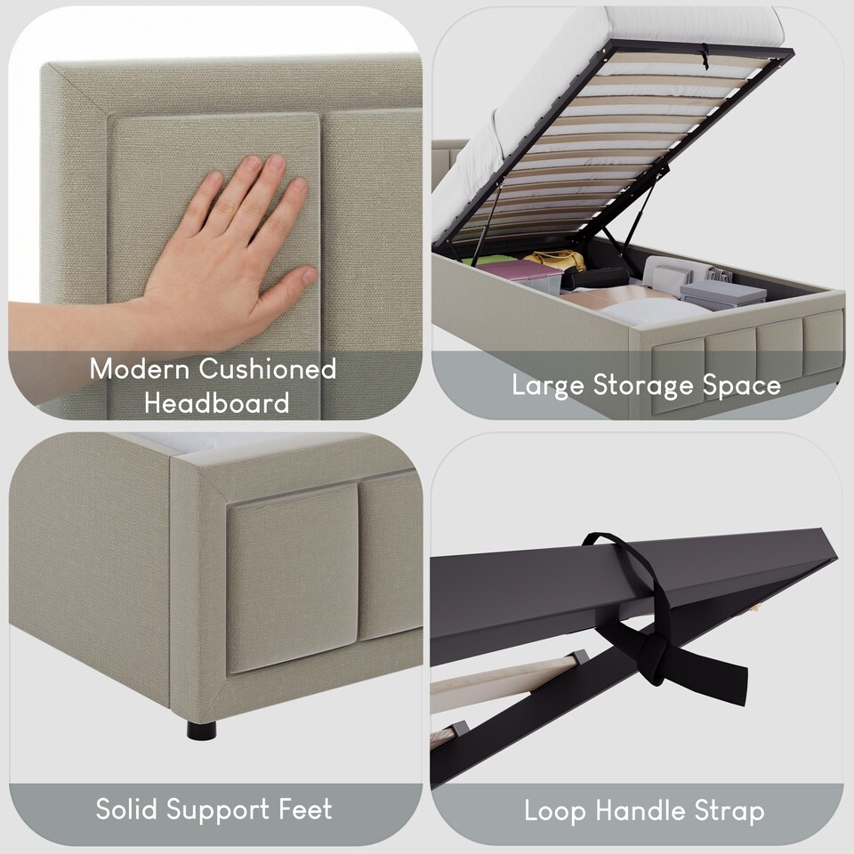 image 1 of Vida Designs Vanita Single Ottoman Lift Up Storage Space Fabric Bed Frame, Beige
