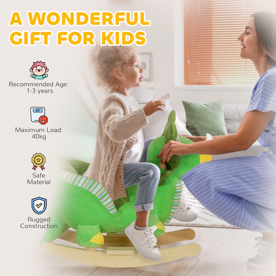 image 1 of AIYAPLAY Rocking Animal, Dinosaur Themed Rocking Ride on with Animal Sounds, Safety Belt, Wooden Base, Pedal, for Toddlers 18-36 Months, Green