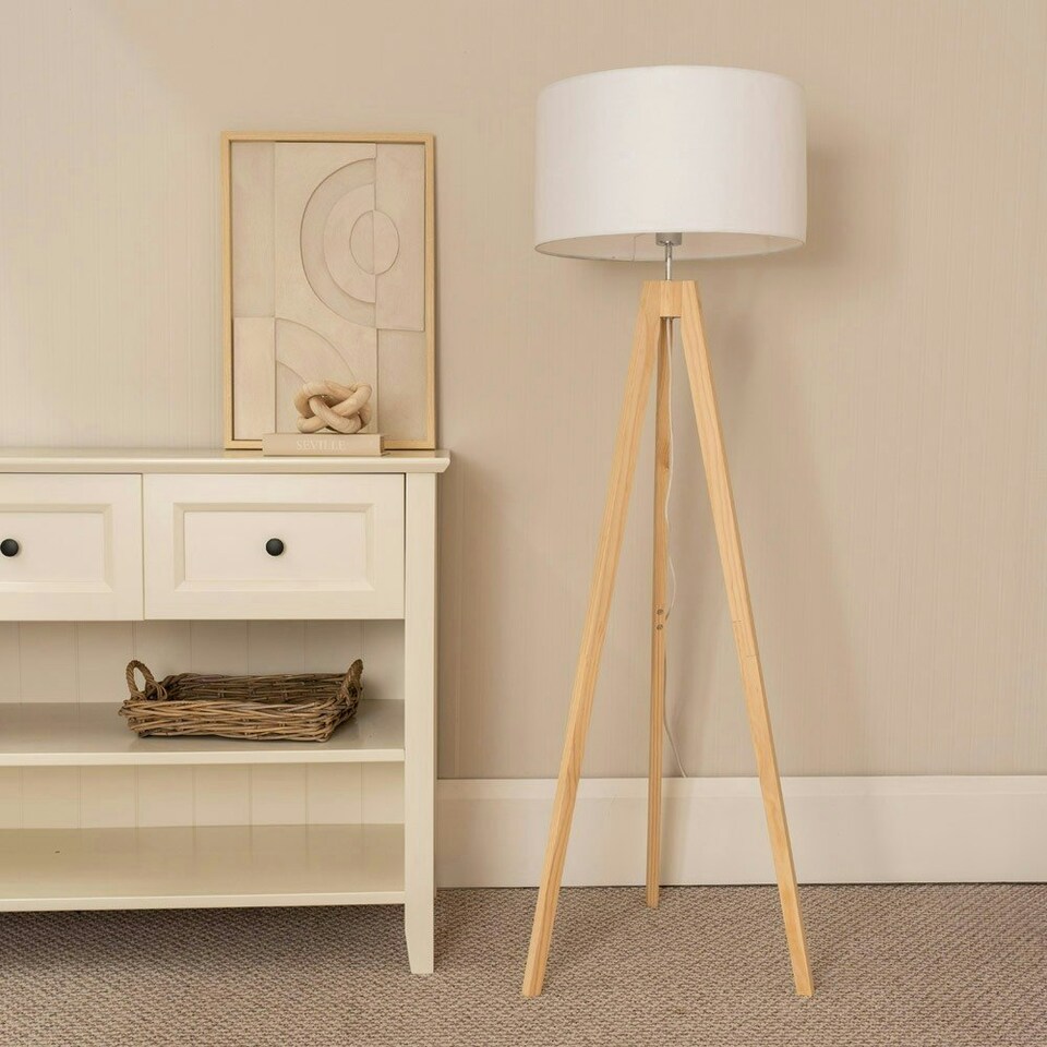 image 1 of ValueLights Jackson Natural Wood Tripod Floor Lamp with White Fabric Lamp Shade and LED Bulb