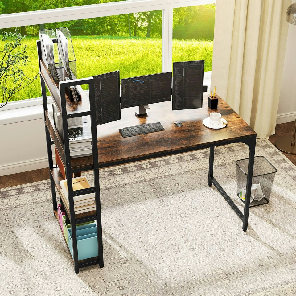 image 1 of COSTWAY Computer Desk Writing Desk with Power Strip Brown Brown