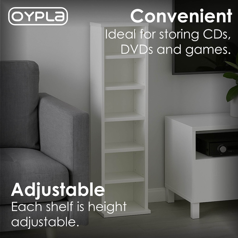 image 1 of 6 Tier White Wooden CD DVD Game Book Shelf Storage Tower Rack - Fits 102 CDs