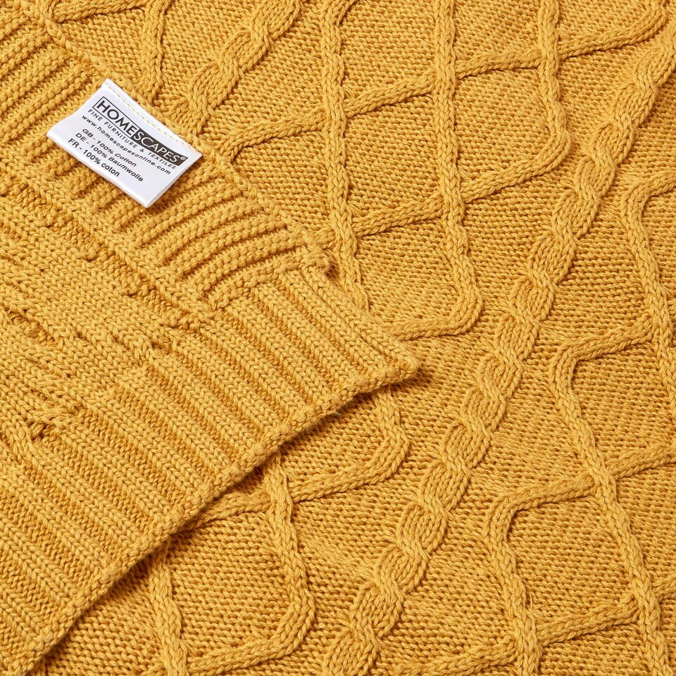 image 1 of Homescapes Mustard Diamond Cable Knit Cotton Throw - 150 x 200 cm Yellow