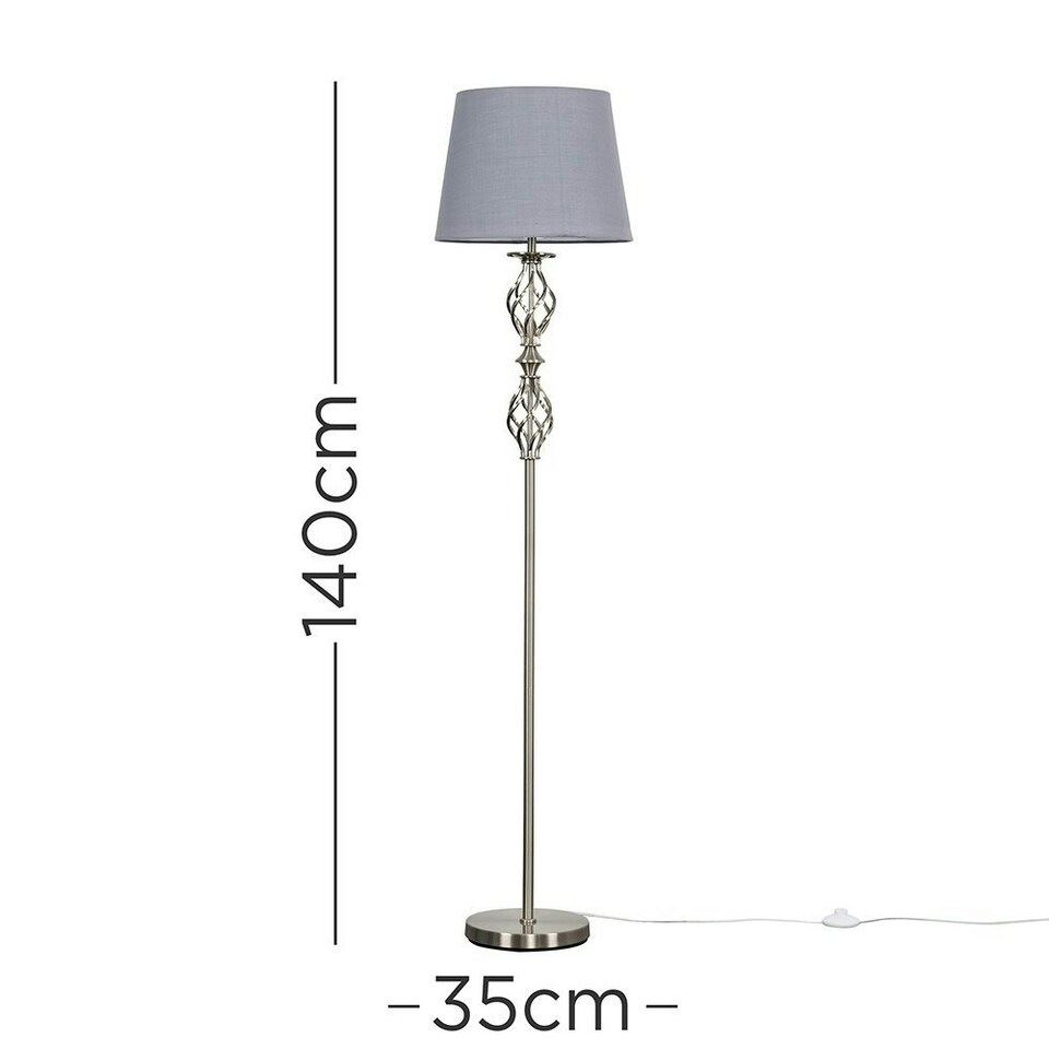 image 1 of ValueLights Pembroke Brushed Silver Floor Lamp with Medium Grey Tapered Shade and LED Bulb Grey