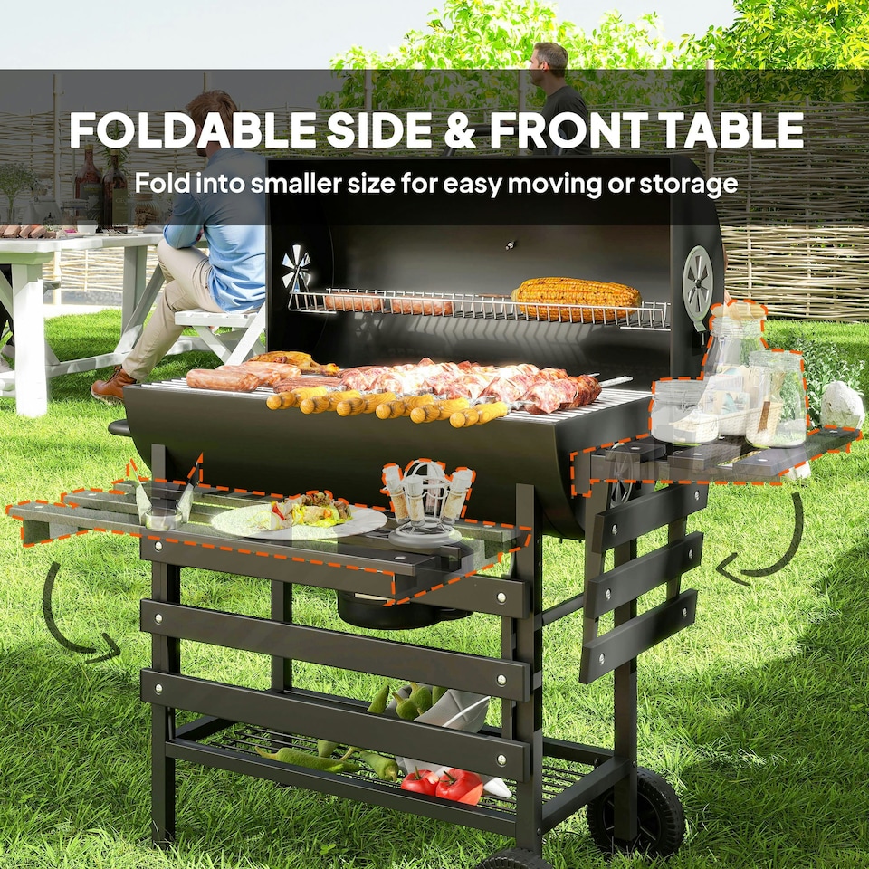 image 1 of Outsunny Charcoal BBQ Grill with Warming Rack Shelves Temperature Gauge