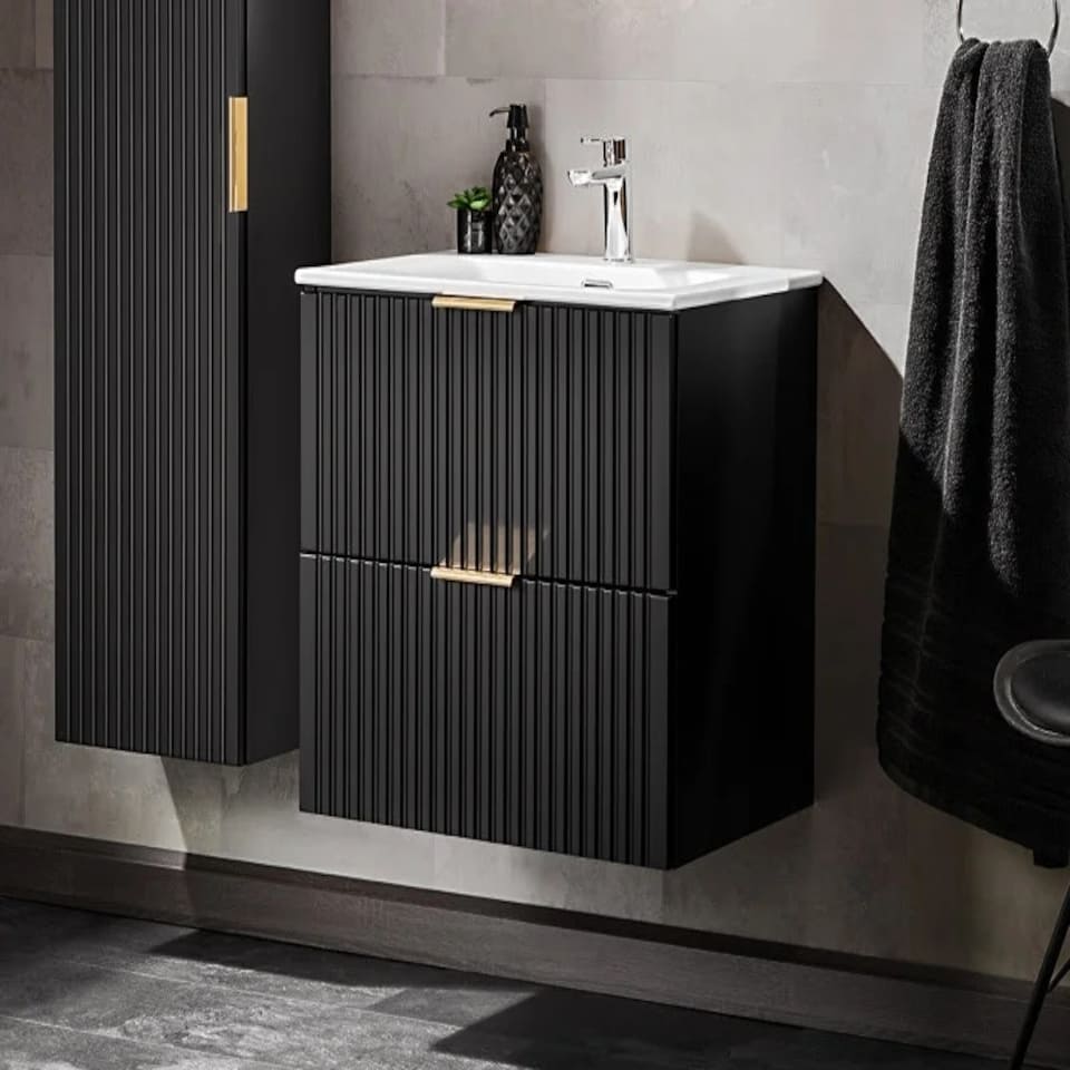 image 1 of Bathroom Vanity Unit with Basin 800mm Ribbed Textured Black Modern Wall Hung Floating - Adel
