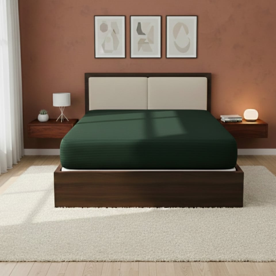 image 1 of Satin Stripe Soft Touch Fitted Sheet 40cm Extra Deep Skirt Bed Linen | Green | Double