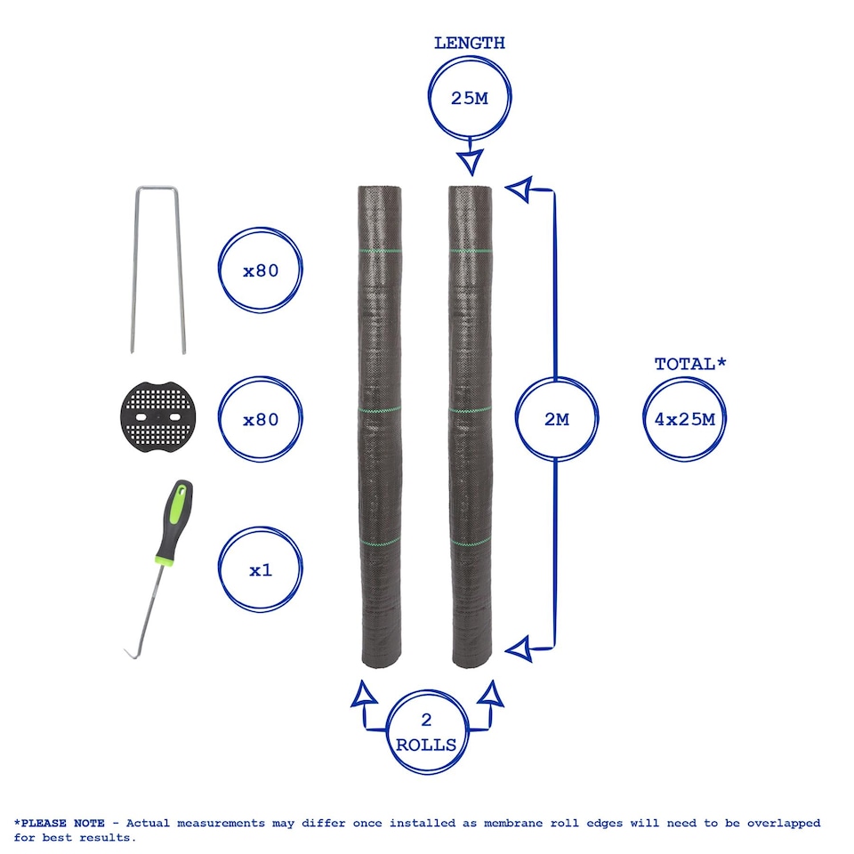 image 1 of Harbour Housewares 110gsm Weed Control Membrane Set with Pegs & Plates - 4m x 25m | Black | Black