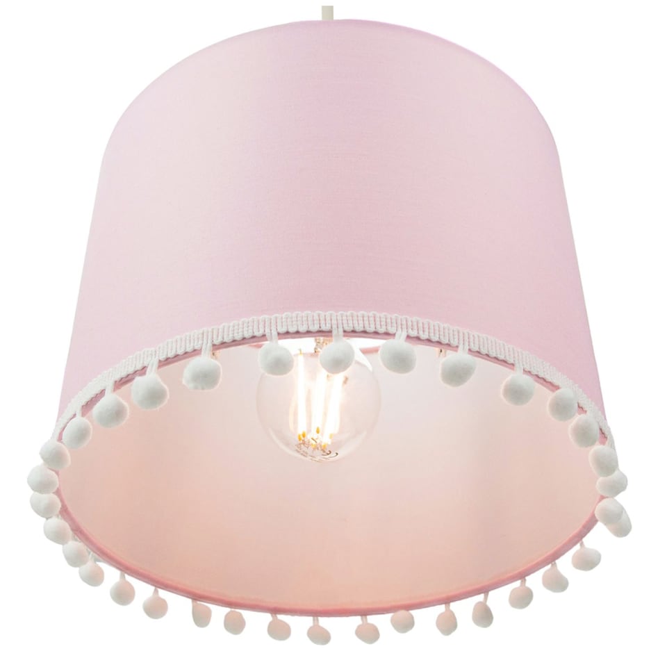 image 1 of Cute and Modern Pink Cotton 10" Lamp Shade with Small White Woolly Pom Poms | Pink | Pink | 1