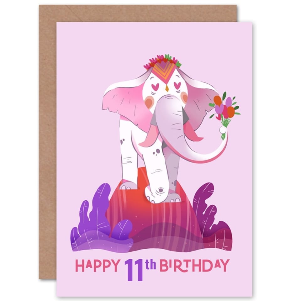 image 1 of Elephant Flowers Cartoon Age 11 Year Old Child Kids 11th Birthday Card