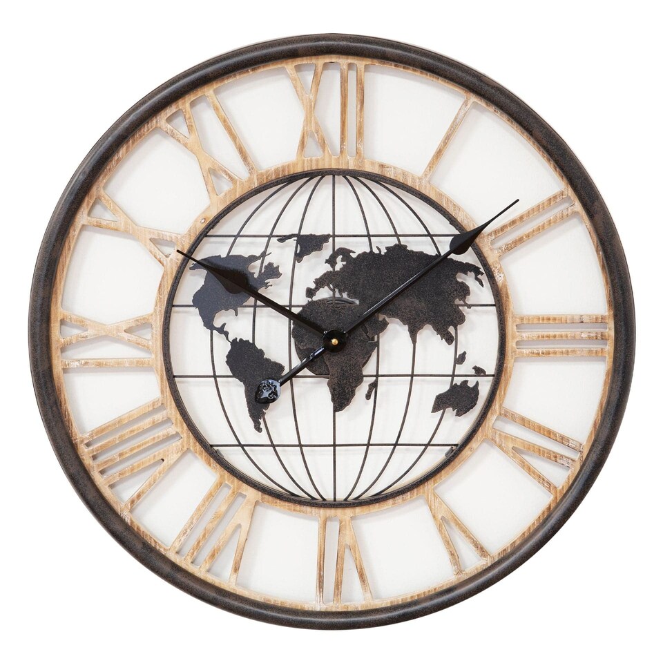 Wrendale Designs World Map Wood and Metal Wall Clock, 60.5 cm Bronze Effect