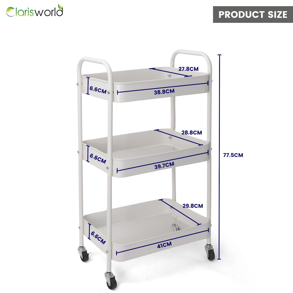 image 1 of Clarisworld 3 Tier Rolling Utility Cart, Metal Storage Trolley with Lockable Wheels & Handles, Mobile Storage Cart Organiser, Storage Rack for Kitchen, Bathroom, Bedroom, Office & Laundry Room